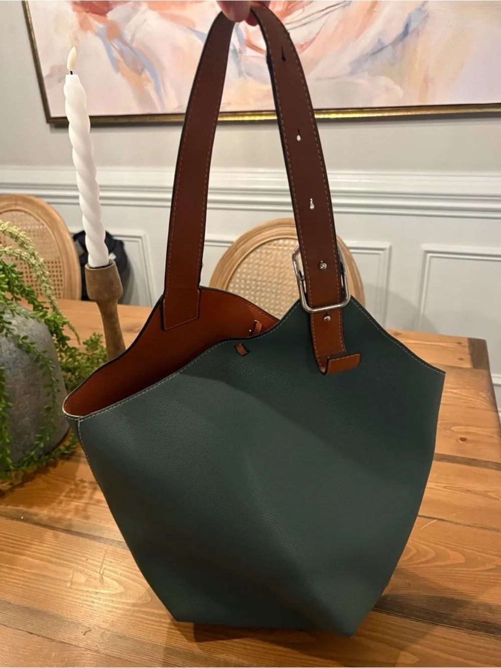 Women’s Dark Green Tote Bag with Brown Trim